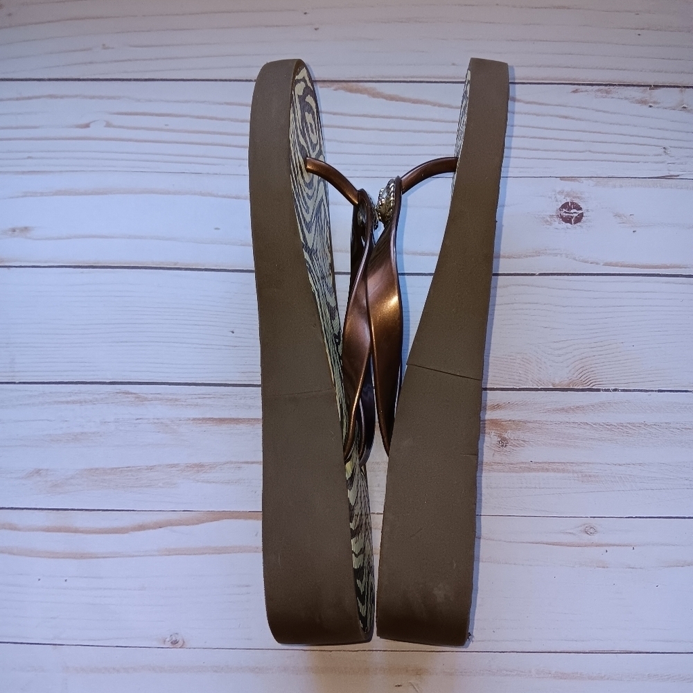 Brighton Brown Zebra Stripe Print Wedge Sandal Flip Flops Sz. 8.5/9 - Picture 9 of 9